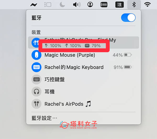 Mac 显示 AirPods 左右耳电量：菜单列