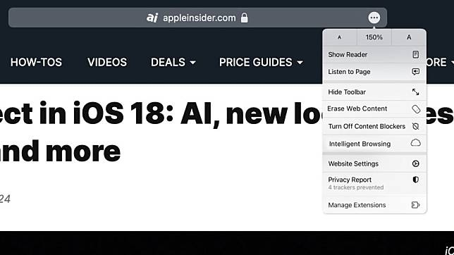 Safari 18 新功能曝光 整合 AI 智能搜索及清除广告功能