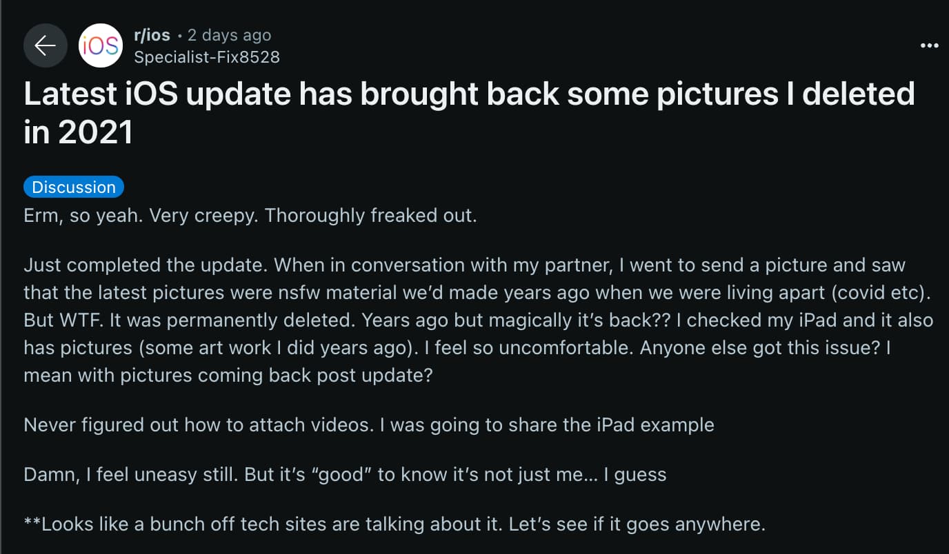 用户发现iOS 17.5 Bug会造成被删除照片再度还原