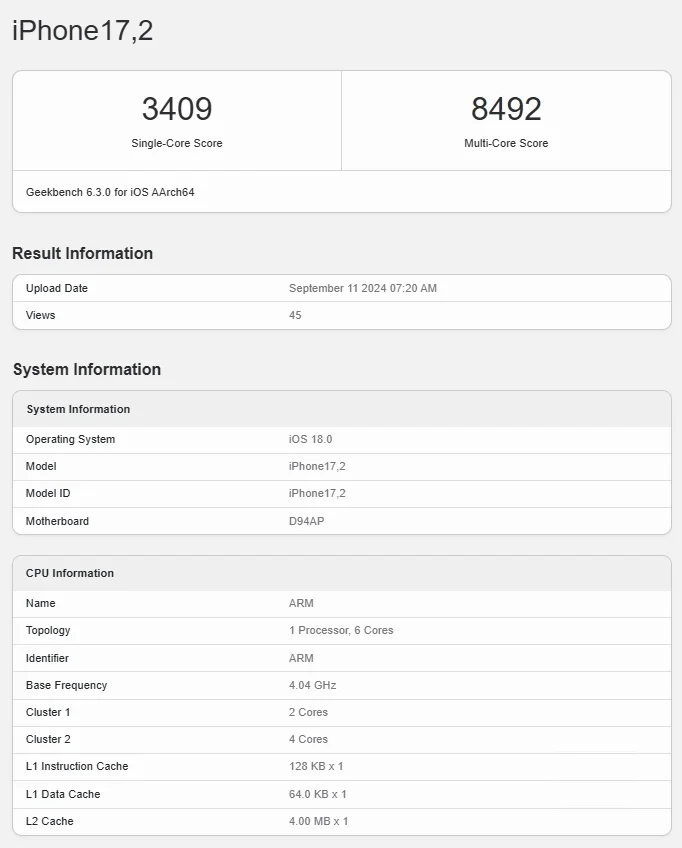 Apple A18 Pro Geekbench 6 跑分，实测性能提升超 21%