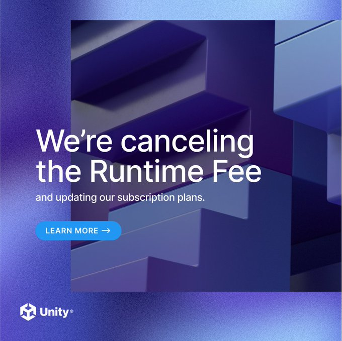 Unity即刻取消Run Time Fee安装税，但明年提高开发者授权费